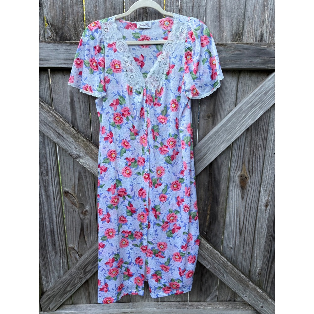 Vintage Vanity Fair Floral Lace Trim Nightgown Pink Blue Made in USA Medium